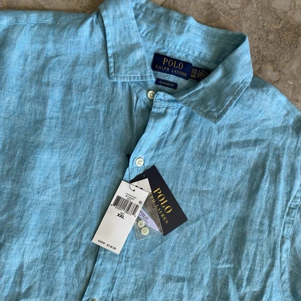 Polo Ralph Lauren Shirt Mens 2XL Classic Fit Blue 100% Linen Long Sleeve Button